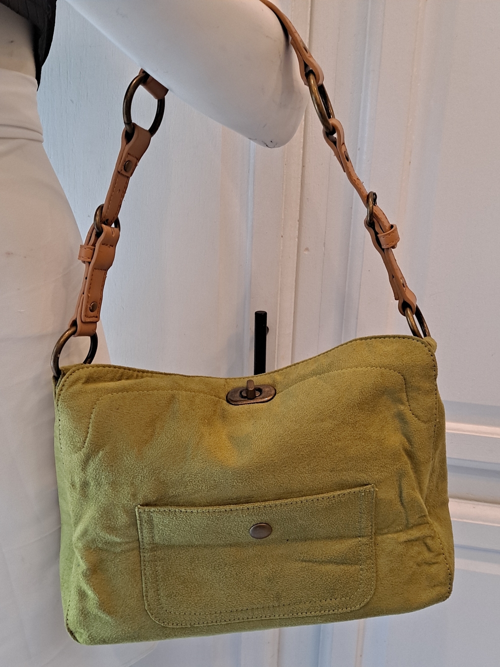 Cato Olive Green Faux Soft Lightweight Suede Shoulder Bag with Tan Strap